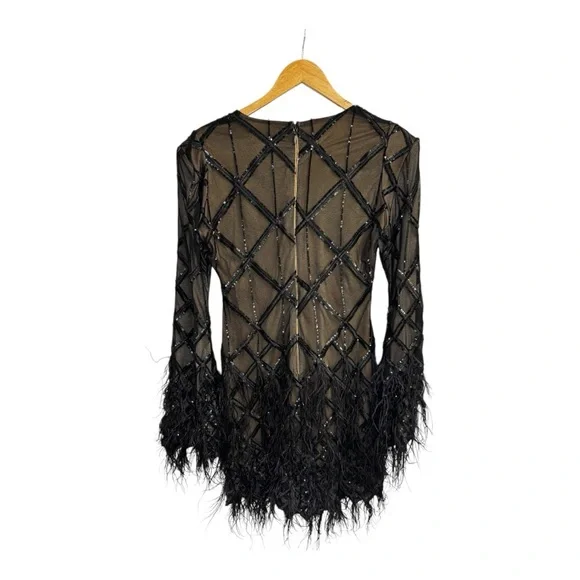 **Brand New ** Amber Deep V Embellished Feather Trim Mini Dress - Black - Picture 7 of 14